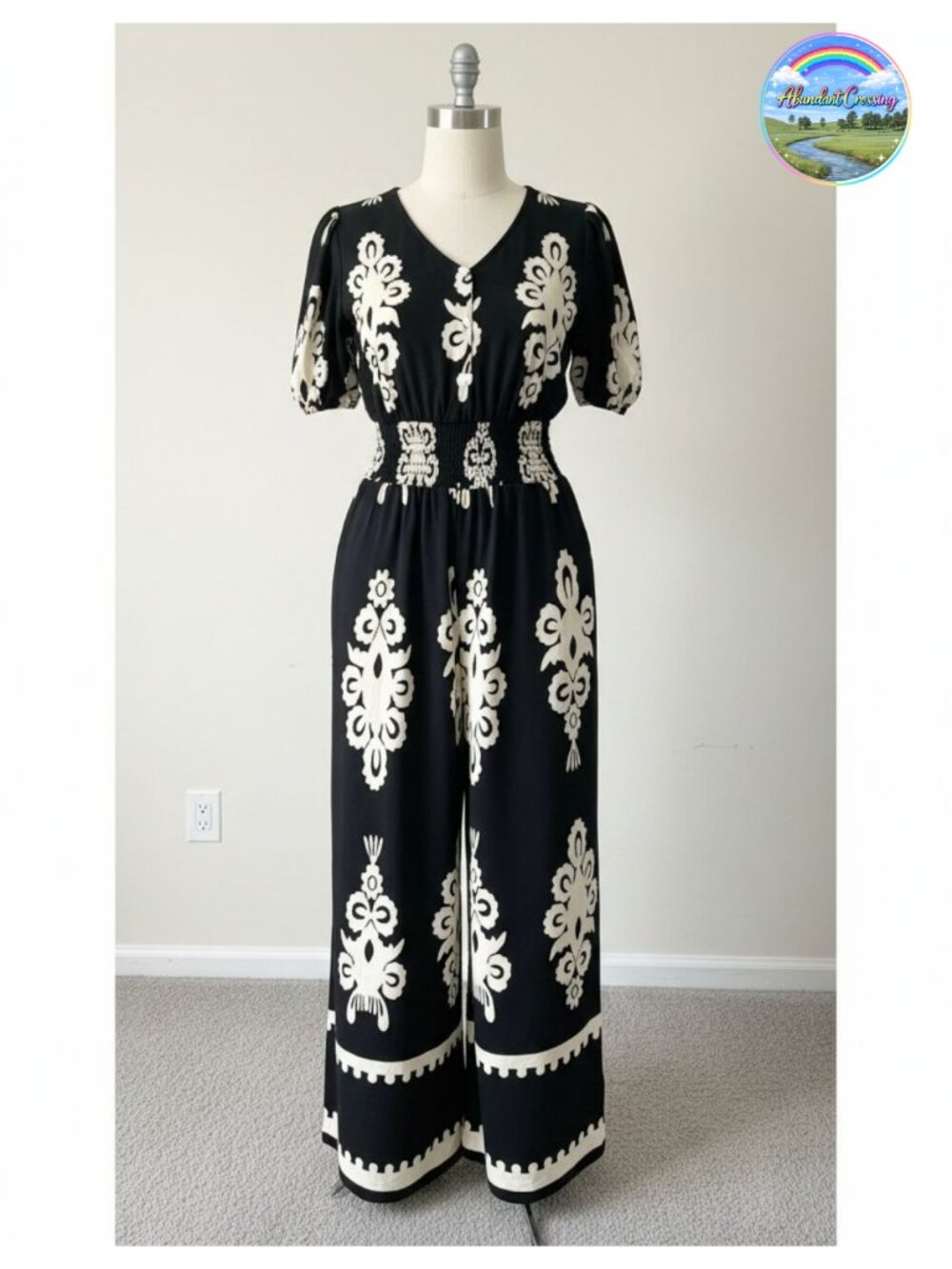 Women's V-Neck Short Sleeve Wide Leg Jumpsuit with Pockets